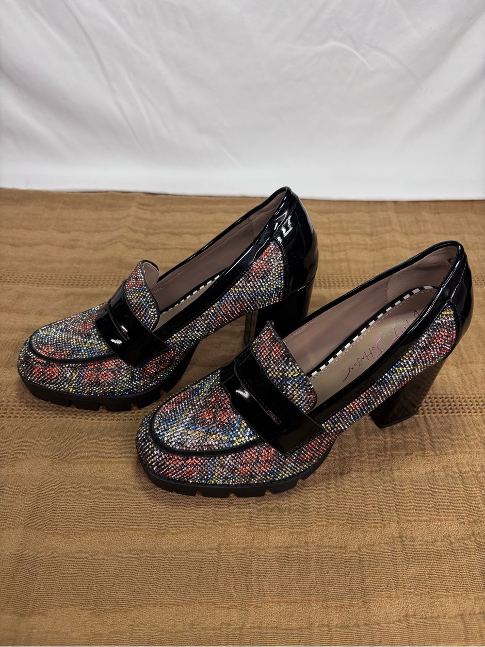 Betsey Johnson Black Patent Multicolor Beaded Block Heel Loafers - Picture 7 of 14